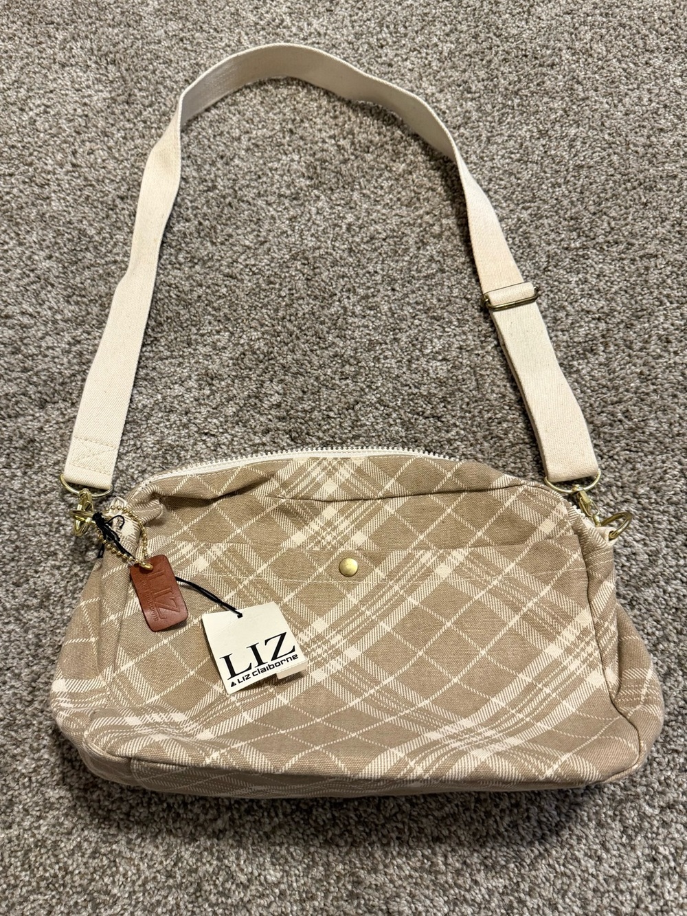 NWT Liz Claiborne Crossbody Bag Beige Cream Plaid Tartan Adjustable Strap Purse